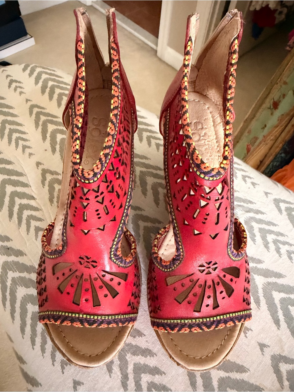 Women's Red Laser-Cut Open-Toe Wedge Heels with Braided Trim